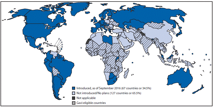 The figure above is a map of the world showing countries with current or planned use of human papillomavirus vaccine in the national immunization program, as of September 2016.
