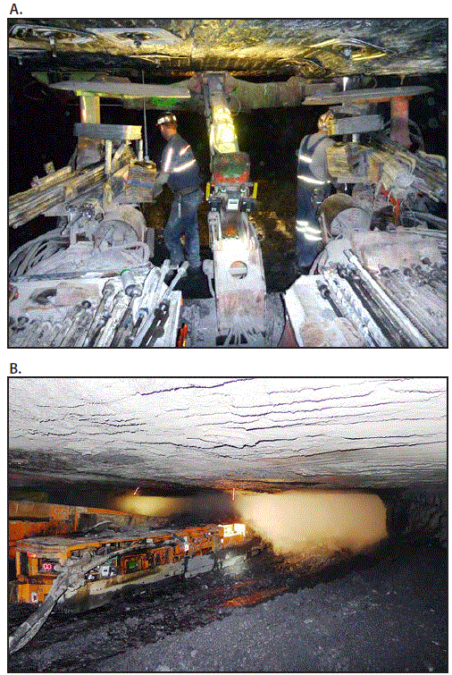 The figure above is a pair of photographs showing workers and equipment under typical conditions in an underground coal mine.