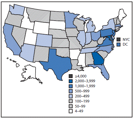 m6549a4f2.gif The figure above is a map showing the number of persons (N = 29,789) with potential exposure who were monitored for Ebola virus, by jurisdiction in the United States, during November 3, 2014–December 28, 2015.