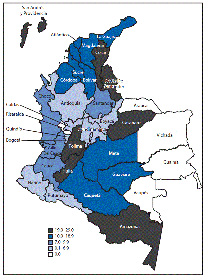m6549e1f2.gif The above figure is a map of Colombia showing the number of cases of congenital microcephaly per 10,000 live births by reporting area during January 31âNovember 12 in 2016.