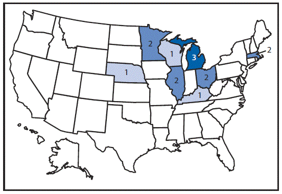 The figure above is a map of the United States showing the number of persons (n = 14) infected with the outbreak strain of Salmonella Oslo, during March 2â€“April 9, 2016.