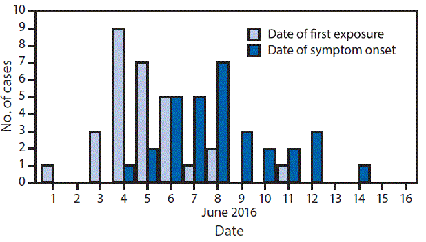 The figure above is a bar chart showing botulism cases (n = 31) in a federal correctional facility, by reported date of hooch exposure and symptom onset in Mississippi during June 1â€“19, 2016.