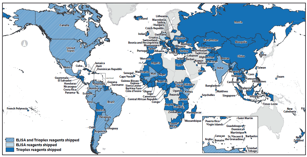 The figure above is a map of the world showing the distribution of reagents for CDC Zika diagnostic tests for use under an emergency use authorization as of December 6, 2016.  