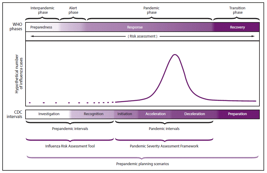 This figure shows the six CDC intervals and World Health Organization (WHO) phases that describe influenza pandemic progression, combined with application of the Influenza Risk Assessment Tool (IRAT) and the Pandemic Severity Assessment Framework (PSAF). The CDC intervals include 1) investigation, 2) recognition, 3) initiation, 4) acceleration, 5) deceleration, and 6) preparation. The prepandemic intervals include investigation and recognition, and the pandemic intervals include initiation, acceleration, and deceleration. IRAT is used during the investigation and recognition intervals, and PSAF is used during the initiation, acceleration, and deceleration intervals. The WHO phases include preparedness, response, and recovery. The interpandemic phase corresponds with initiation, the alert and pandemic phases correspond with response, and the transition phase corresponds with recovery.