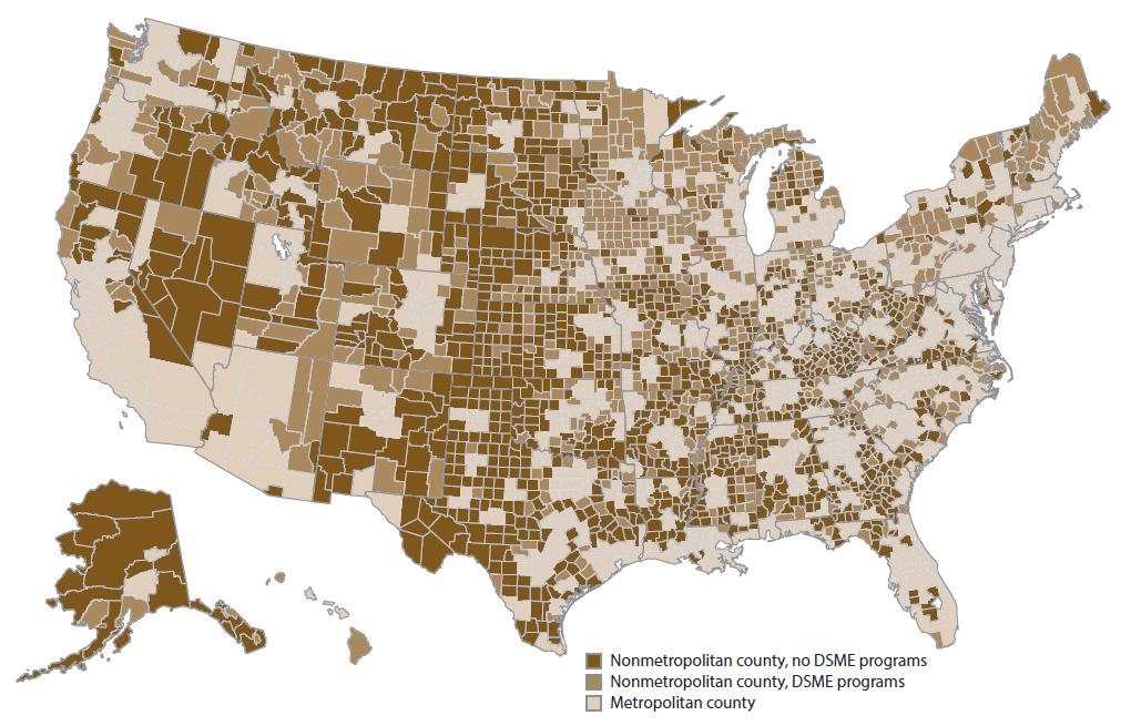 Diabetes Self-Management Education Programs in Nonmetropolitan Counties — United States, 2016  Map