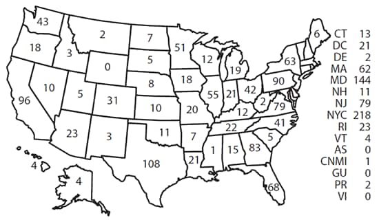 Map of the United States shows the number of malaria cases diagnosed in each state and territory in 2014.