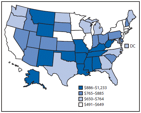 The figure above is a map of the United States showing the costs per capita of fatal injuries of all intents in the U.S. during 2014.