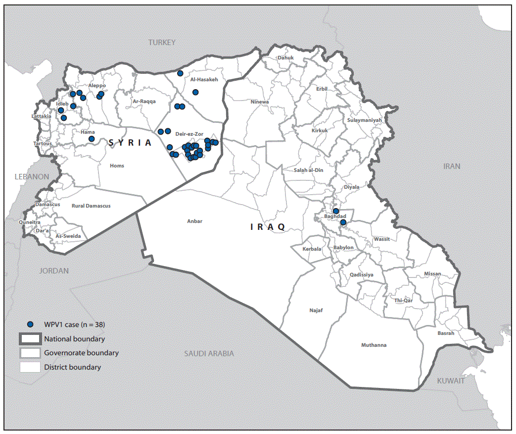 The figure above is a map showing cases of wild poliovirus type 1 in Syria and Iraq during 2013â€“2014.