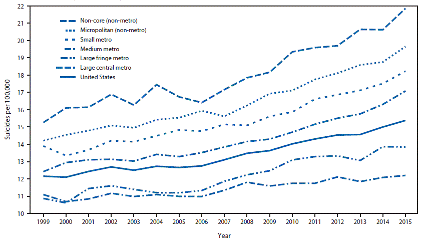  The figure above is a line chart showing suicide rates by level of county urbanization in the United States during 1999â€“2015.