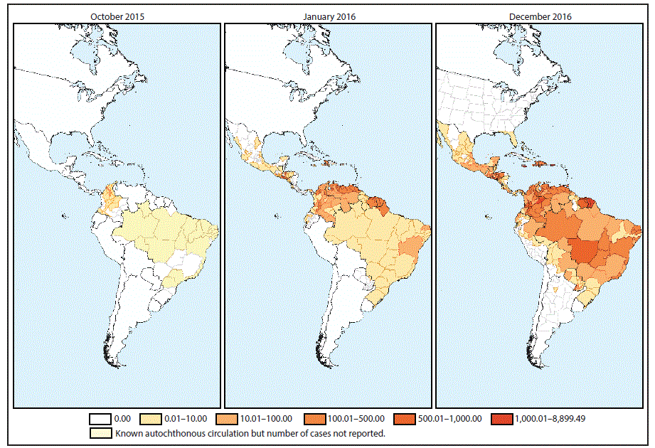 m6612a4f1.gif The figure above consists of three maps, showing the rate of suspected and confirmed cases of Zika virus disease per 100,000 population in the Region of the Americas in October 2015, January 2016, and December 2016.