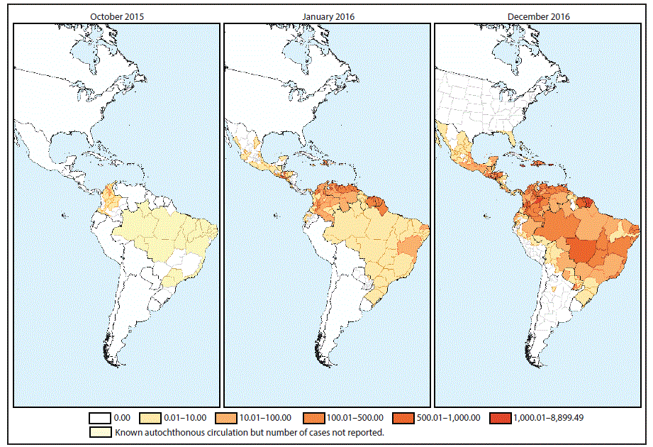 The figure above consists of three maps, showing the rate of suspected and confirmed cases of Zika virus disease per 100,000 population in the Region of the Americas in October 2015, January 2016, and December 2016. 