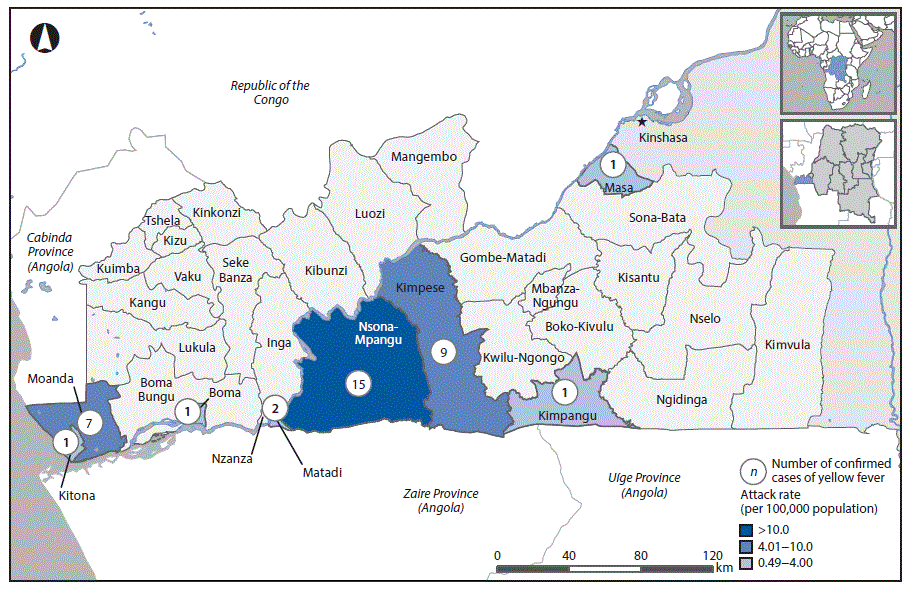 The figure above is a map indicating the location of 37 confirmed yellow fever cases, by health zone, in the Kongo Central Province of the Democratic Republic of the Congo from January 3 to August 18, 2016.