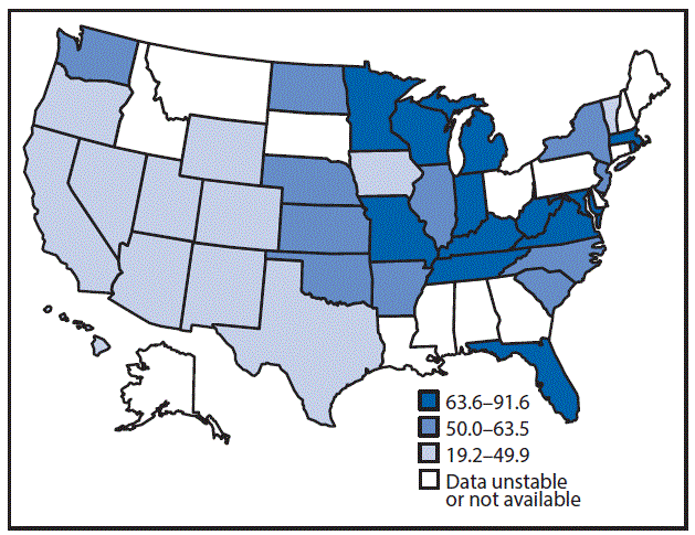 The figure above is a map showing the age-adjusted hospitalization rate (per 100,000 population) for any-listed diagnosis of Crohnâ€™s disease in the United States in 2013.