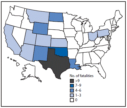 m6616a2f2.gif The figure above is a map of the United States showing the fatalities resulting from falls in the oil and gas extraction industry, by state, during 2005â2014.