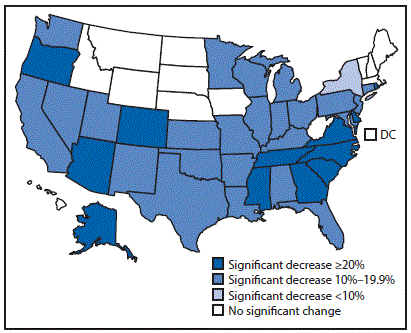  The figure above is a map of the United States showing the percentage change in repeat teen births, by state, during 2004â€“2015.