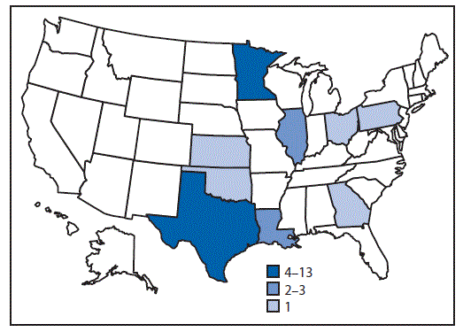 The figure above is a map showing the number of persons (N = 32) infected with the outbreak strain of Salmonella Anatum, by state during May 6–July 9, 2016.