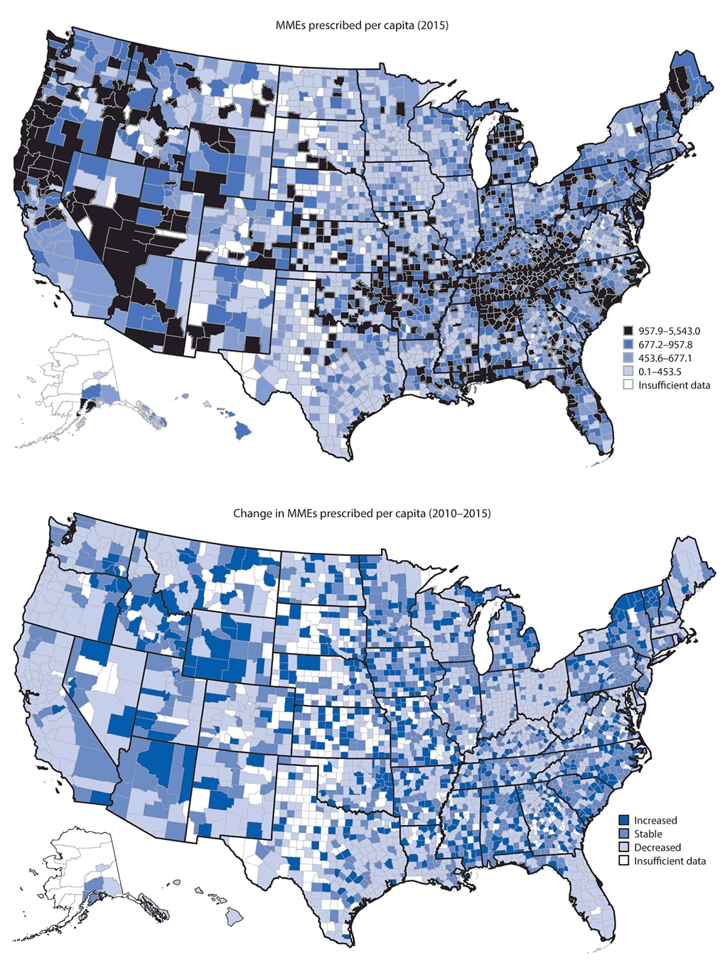 The figure above is a set of two maps of the United States showing the morphine milligram equivalents (MMEs) of opioids prescribed per capita in 2015 and change in MMEs per capita during 2010–2015, by county.