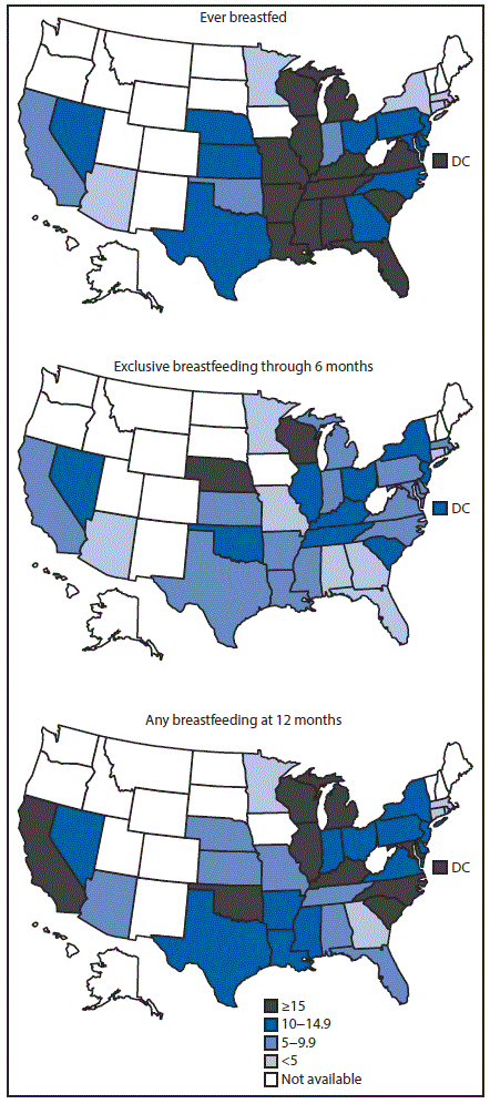 The figure above is a series of three maps of the United States showing the percentage point difference in breastfeeding indicators between non-Hispanic white and non-Hispanic black infants on the National Immunization Survey during 2011–2015.