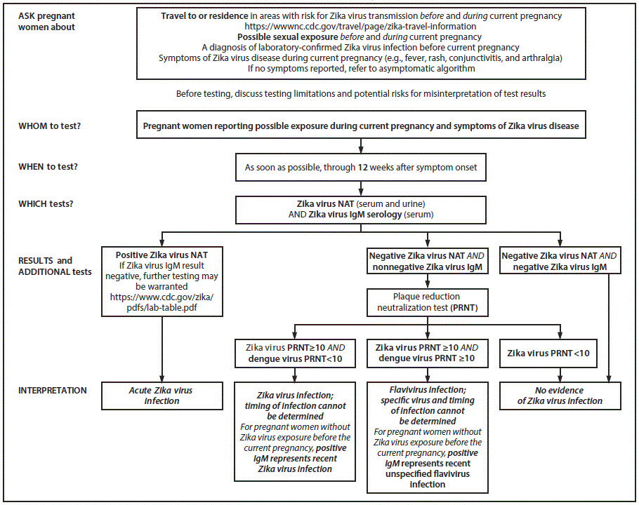 m6629e1f1 The figure above is an algorithm showing updated interim testing recommendations and interpretation of results for symptomatic pregnant women with possible Zika virus exposure in the United States (including U.S. territories) during July 2017.