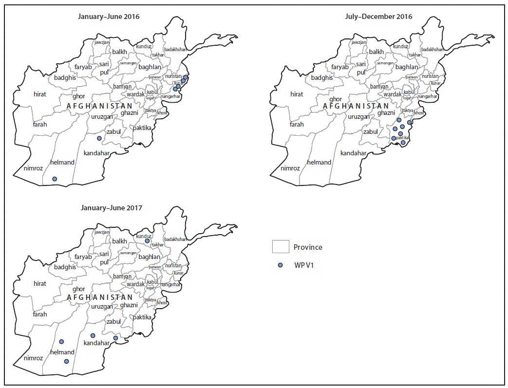 The figure above is a map showing the location of cases of wild poliovirus type 1 (WPV1), by province, in Afghanistan during January 2016–June 2017.
