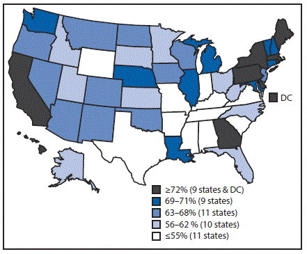 The figure above is a map of the United States showing estimated vaccination coverage of ≥1 dose of human papillomavirus vaccine among female adolescents aged 13–17 years by state during 2016, based on data from the National Immunization Survey–Teen.