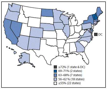 The figure above is a map of the United States showing estimated vaccination coverage of ≥1 dose of human papillomavirus vaccine among male adolescents aged 13–17 years, by state during 2016, based on data from the National Immunization Survey–Teen.