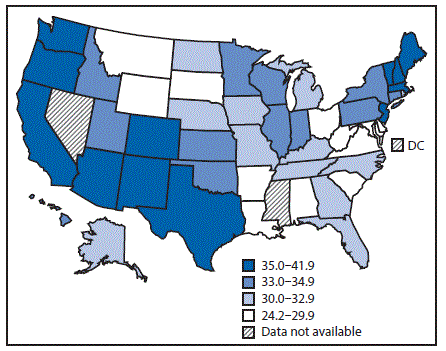 The figure above is a map of the United States showing annual age-adjusted rates of acute lymphoblastic leukemia among persons aged <20 years, by state, in the United States during 2001–2014.