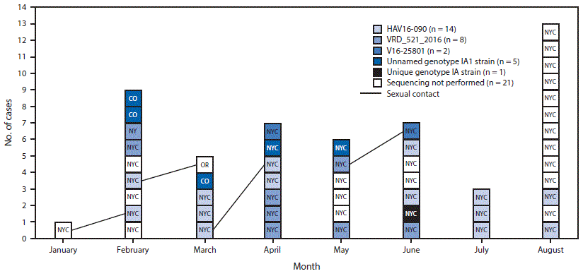 The figure above is a chart showing 51 cases of hepatitis A virus infection involving men who have sex with men, by month of symptom onset, HAV genotype, and reported sexual contact, reported in New York City during January–August, 2017.