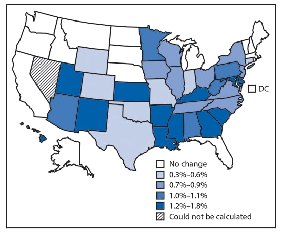 The figure above is a map showing the average annual percent change in incidence of overweight- and obesity-related cancers by quartile in the United States during 2005–2014.