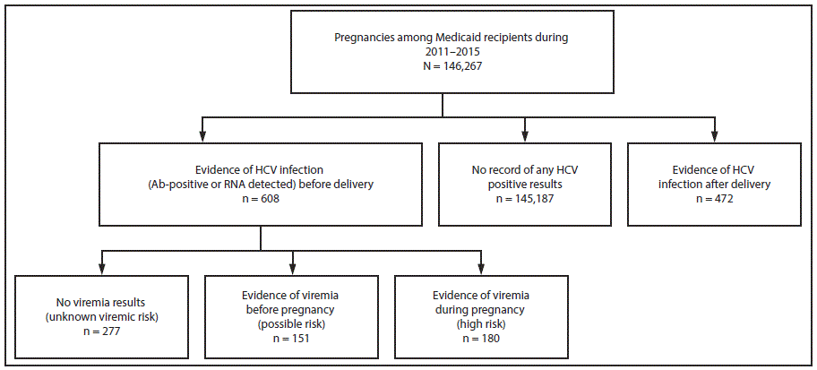 The figure above is a diagram showing a classification of vertical transmission risk based on hepatitis C virus infection status among Medicaid recipients in Wisconsin during 2011–2015.