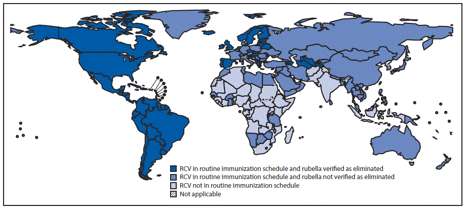 The figure above is a map of the world showing rubella-containing vaccine introduction and status of rubella elimination, by country, during 2016.