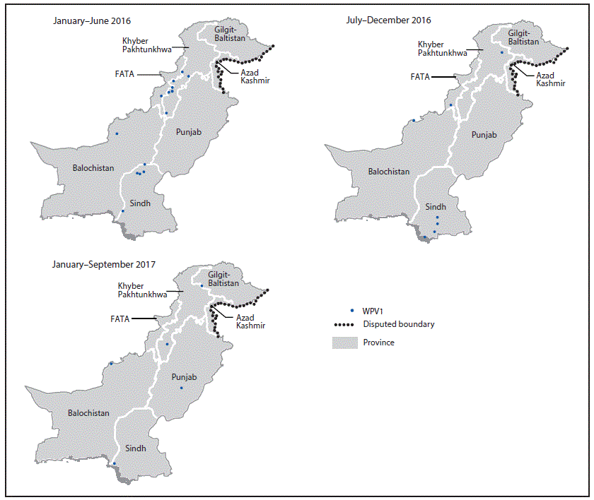 The figure above is a series of maps of Pakistan showing the location of wild poliovirus type 1 cases during three periods from January 2016 through September 2017.
