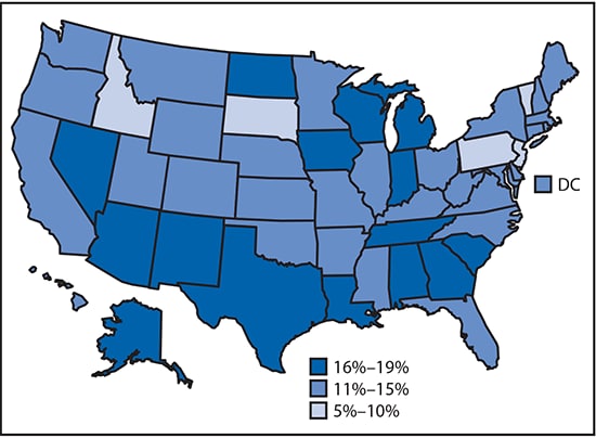 The figure above is a map of the United States showing the percentage of undiagnosed human immunodeficiency virus (HIV) infections among persons aged ≥13 years living with diagnosed or undiagnosed HIV Infection, by state, in 2015.