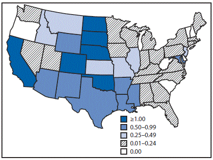 The figure above is a map of the United States showing the rate of reported cases of West Nile virus neuroinvasive disease during 2015.