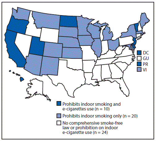 The figure above is a map of the United States showing States and territories with and without laws prohibiting smoking and use of e-cigarettes in indoor areas of private worksites, restaurants, and bars, in the United States as of September 30, 2017.