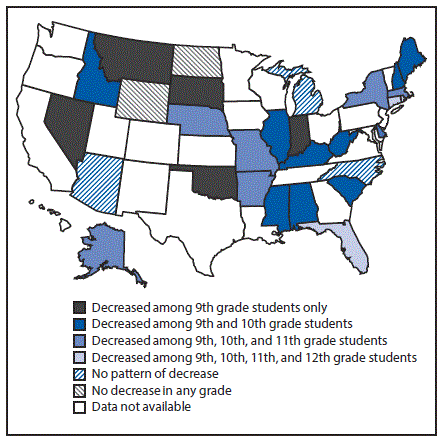 The figure above is a map of the United States showing trends in prevalence of ever having had sexual intercourse among high school students, by grade within state for 29 states, based on data from the Youth Risk Behavior Surveys for 29 States during 2005–2015.