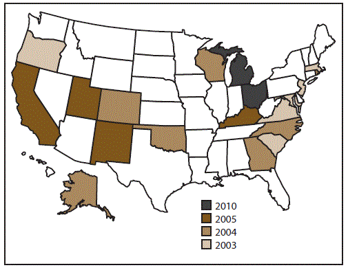 This figure is a map of the United States showing the years in which the 18 states began participating in the National Violent Death Reporting System. In 2003, Maryland, Massachusetts, New Jersey, Oregon, South Carolina, and Virginia joined. In 2004, Alaska, Colorado, Georgia, North Carolina, Oklahoma, Rhode Island, and Wisconsin joined. In 2005, Kentucky, New Mexico, and Utah joined. In 2010, Ohio and Michigan joined.