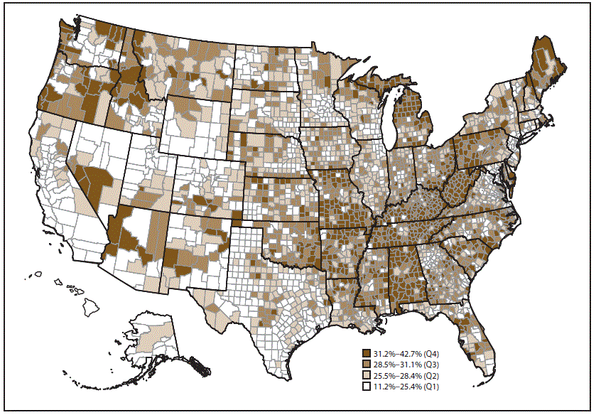 Map of the United States indicates prevalence of arthritis among adults aged 18 years and older, by county. The data source is the 2015 Behavioral Risk Factor Surveillance System.