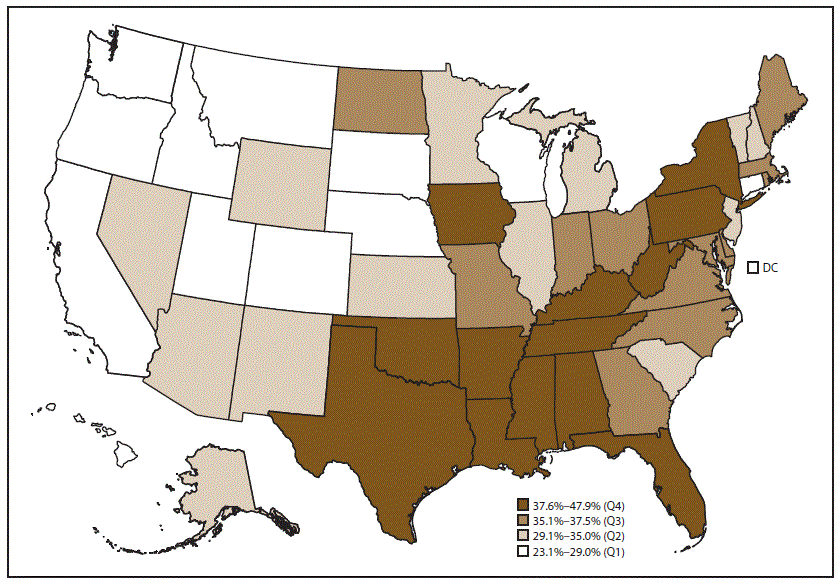Map of the United States indicates the prevalence of physical inactivity among adults aged 18 years and older with arthritis, by state. The data source is the 2015 Behavioral Risk Factor Surveillance System.