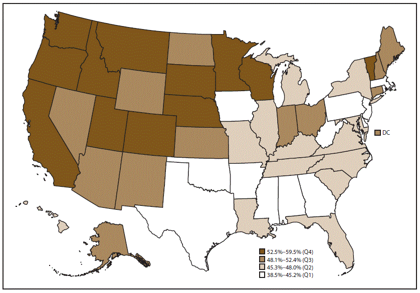 Map of the United States indicates the prevalence of walking among adults aged 18 years and older with arthritis, by state. The data source is the 2015 Behavioral Risk Factor Surveillance System.