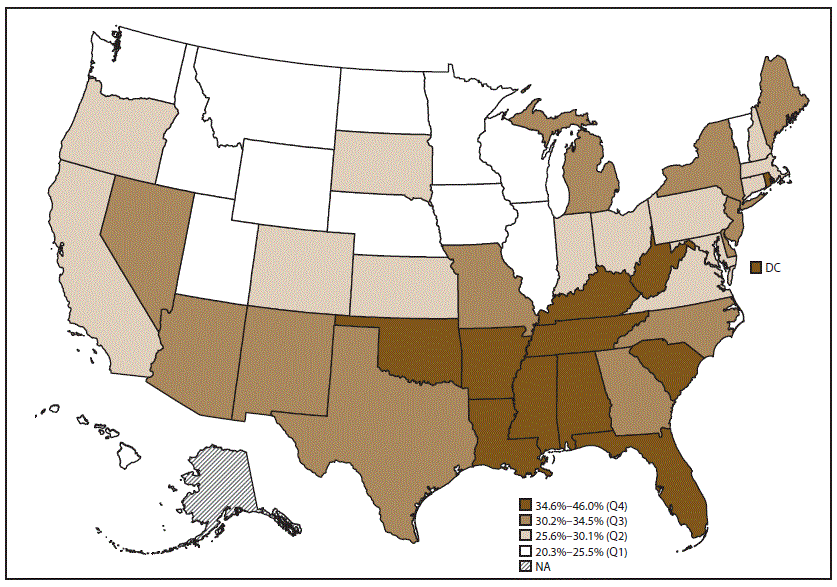 Map of the United States indicates prevalence of arthritis-attributable severe joint pain among adults aged 18 years and older with arthritis, by state. The data source is the 2015 Behavioral Risk Factor Surveillance System.