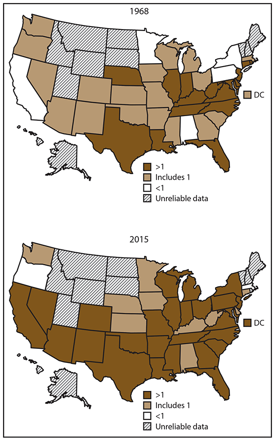 Figure 4 consists of two maps of the United States showing black-white heart disease death mortality ratios among adults aged ≥35 years in 1968 and 2015