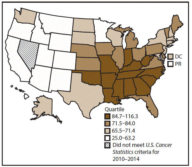 This figure is a U.S. map showing the incidence rates for male lung, bronchial, and tracheal cancers for 2010–2014.