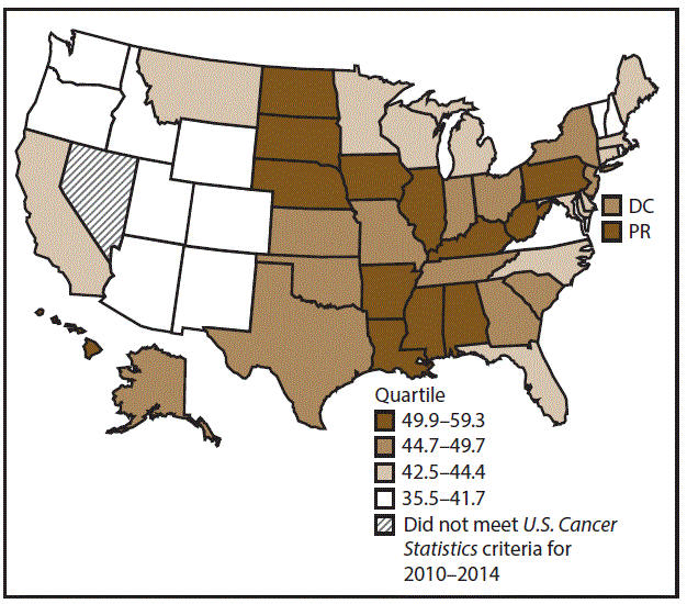 This figure is a U.S. map showing the incidence rates for male colon and rectal cancers for 2010–2014.