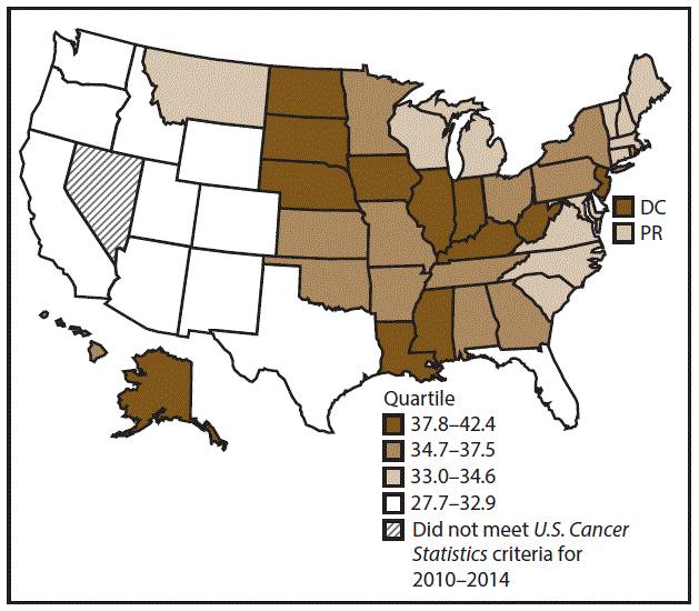 This figure is a U.S. map showing the incidence rates for female colon and rectal cancers for 2010–2014.