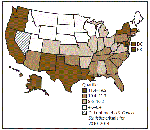 This figure is a U.S. map showing the incidence rates for male liver cancer for 2010–2014.