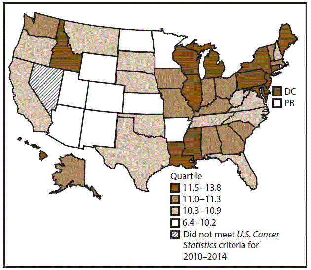 This figure is a U.S. map showing the incidence rates for female pancreatic cancer for 2010–2014.