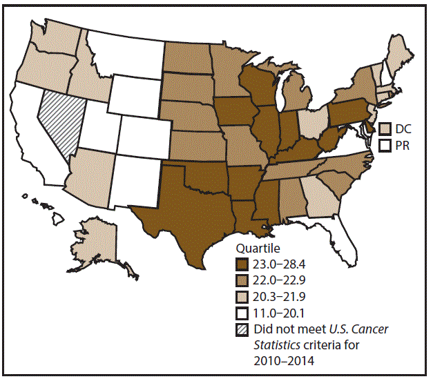 This figure is a U.S. map showing the incidence rates for male kidney and renal pelvis cancers for 2010–2014.