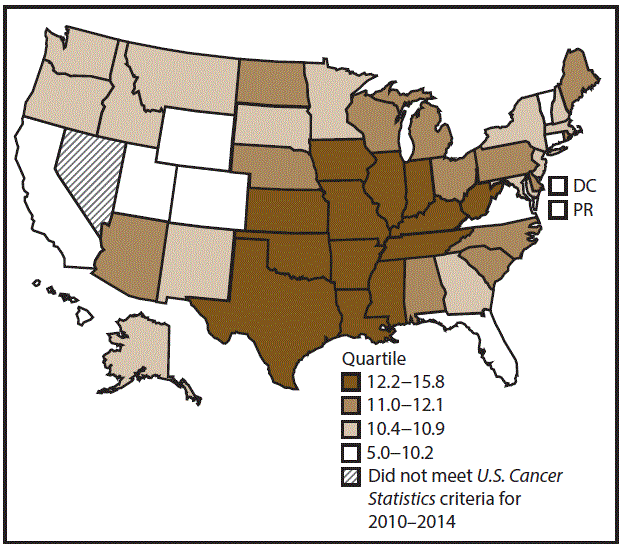 This figure is a U.S. map showing the incidence rates for female renal and pelvis cancers for 2010–2014.