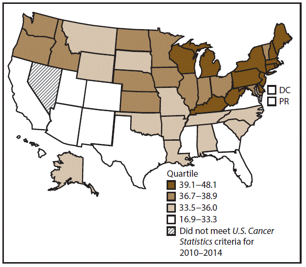 This figure is a U.S. map showing the incidence rates for male urinary bladder cancer for 2010–2014.